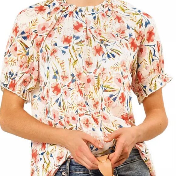 Women's Floral Ruffled Short Sleeve Ruffle Neck Casual Blouse - Medium - Picture 1 of 9